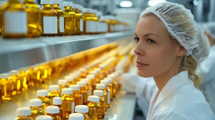 A focused female scientist in a lab coat and hairnet observing bottling processes in a pharmaceutical production facility with numerous amber bottles