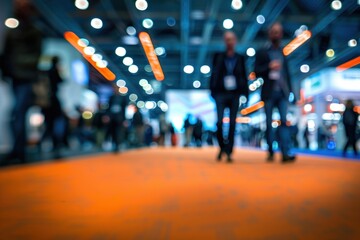 A blurred background of people walking around at an international business conference Generative AI