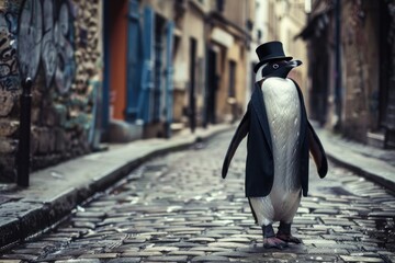 A penguin in a top hat and tuxedo walks down a cobblestone street in Paris