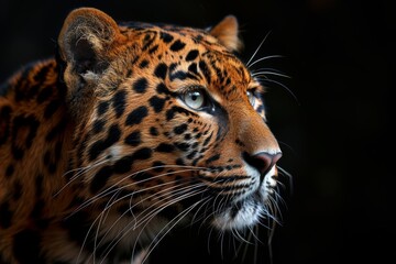 Obraz premium A majestic close-up portrait of a leopard showcasing its intricate patterns and intense gaze against a dark background, capturing the essence of the wild