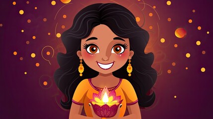 A beautiful young Indian girl holds a glowing lotus flower in her hands.