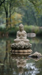 Obraz premium Serene Buddha statue sitting on a Lotus flower pedestal reflecting in a tranquil pond amidst a tranquil forest landscape in autumn