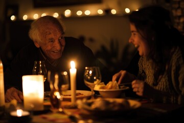 An older man and a younger woman share a warm and intimate dinner conversation illuminated by candlelight