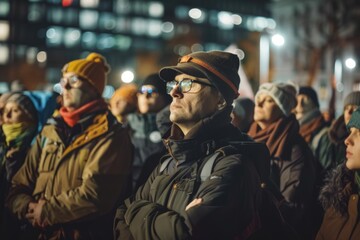 Fototapeta premium A man in a hat and glasses gazes intently at something beyond the frame, surrounded by others in a silent gathering under the city lights