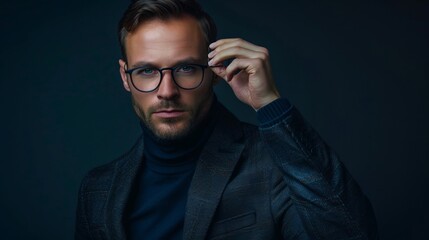 Obraz premium Stylish man in a dark blazer and glasses adjusting eyewear. Modern look with a sophisticated touch. Professional portrait, perfect for business, fashion, or lifestyle content. AI