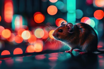 A close-up photograph of a brown mouse sitting on a surface with a blurry background of city lights