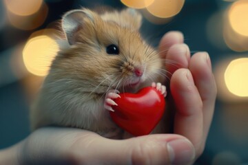 A small hamster holds a red heart in its paws, looking up with big, curious eyes. The background is blurred with warm, bokeh lights