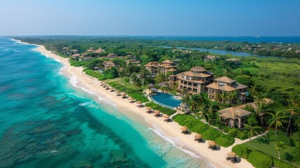 Fototapeta premium Beachfront resort Depict a luxurious resort nestled along the coastline of a tropical island, with palm trees, cabanas, and infinity