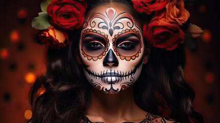 A young woman with a skull painted on her face. She is wearing a wreath of red roses. The background is dark.