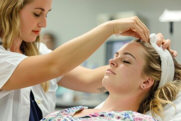 A woman relaxes and receives a facial treatment from a therapist at a spa. The therapists hands gently massage the clients face, creating a peaceful and rejuvenating experience