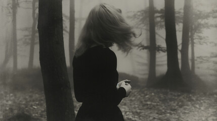 Young woman walking away in dark and foggy forest