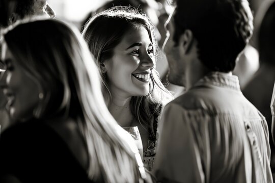 A grayscale image of several people, with faces obscured, in a social or public setting