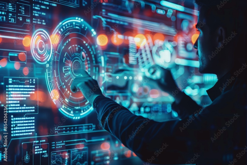 Leinwandbilder A person is engaging with a dynamic, futuristic holographic interface filled with data and symbols