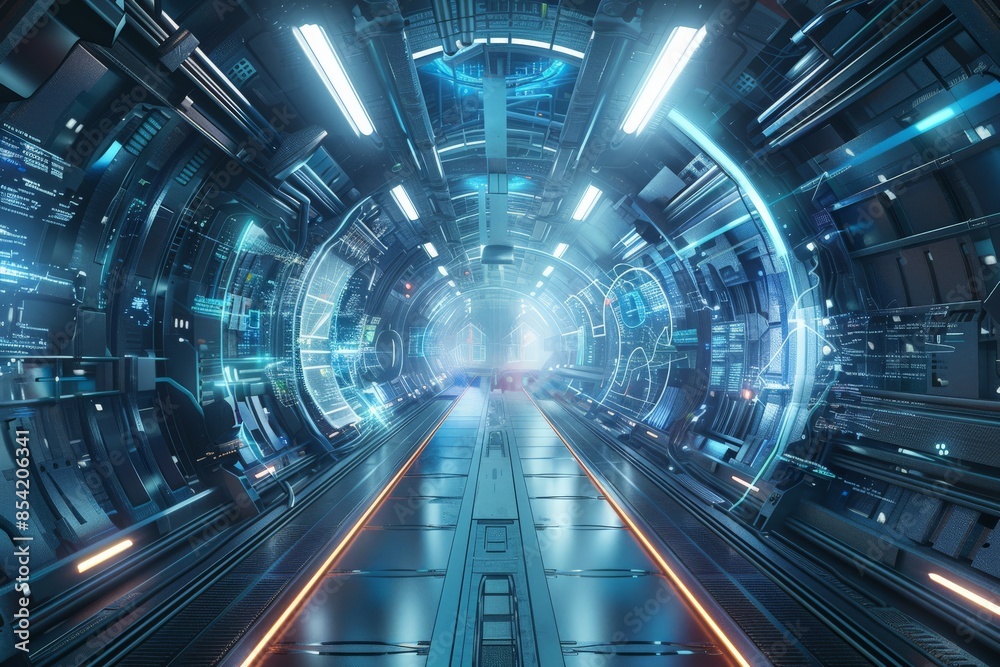 Aufkleber A high-tech, sci-fi circular tunnel with glowing lights and intricate patterns, suggesting advanced technology