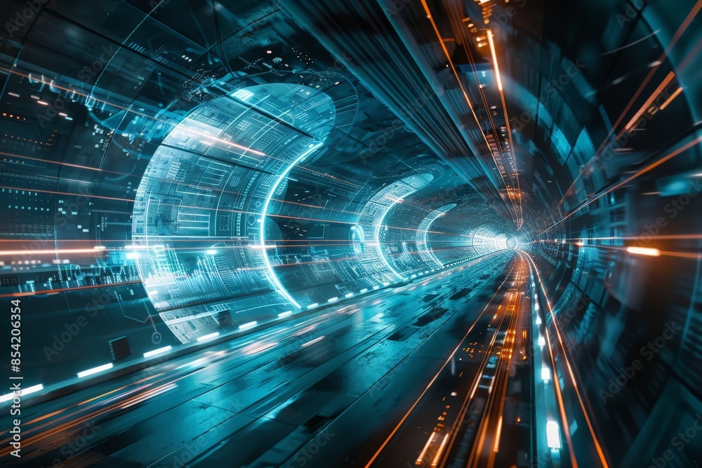 Aufkleber vibrant light trails race through a curved futuristic corridor, creating a sense of high-speed motio