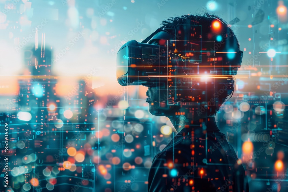 Poster an individual wearing a virtual reality headset, immersed in a digital world with futuristic interfa