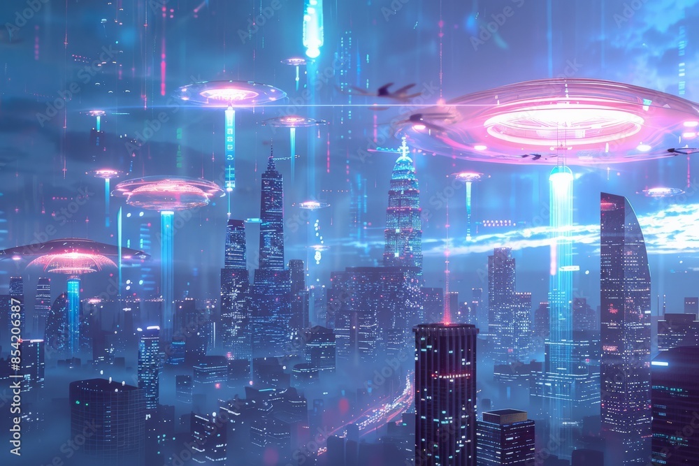 Poster atmospheric artwork of a nighttime cityscape with ufos hovering under rain in a sci-fi scene