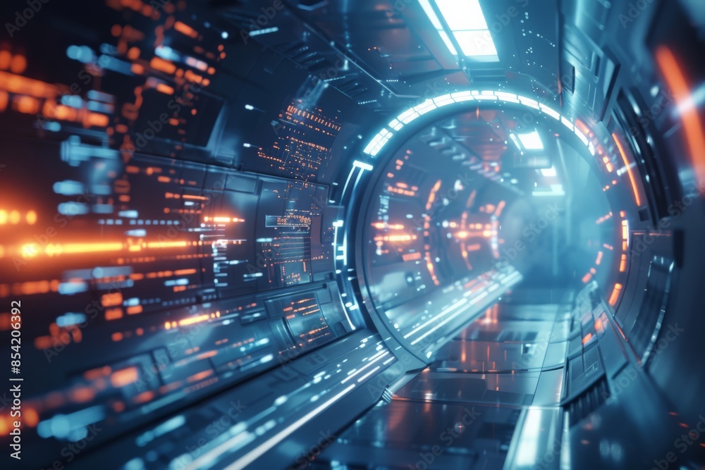 Aufkleber a blue-lit corridor with a circular design aesthetic in a high-tech, futuristic setting