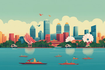 Illustration of a Singapore city landscape with buildings. Illustration for your design. Travel concept
