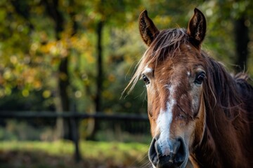Obraz premium An intimate autumn portrait of a horse with colorful leaves in the background