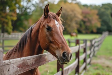Capturing a curious brown horse over a wooden fence amidst autumn foliage in the background