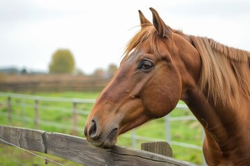 A chestnut horse with a flowing mane peering over a wooden fence, set against a blurred rural backdrop