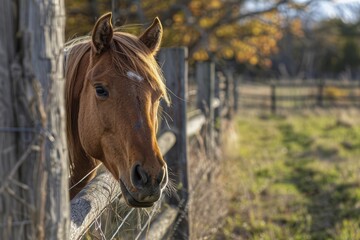 Fototapeta premium Chestnut horse head poking out quaintly between the wooden slats of a countryside fence