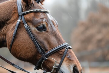 Close-up of a harnessed horse's head with a bridle, with raindrops falling softly