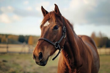 Obraz premium Close-up of a brown horse with a bridle, positioned against a blurred rural landscape