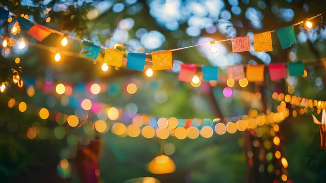 Hazy view of colorful banners and ling string lights in a garden gathering