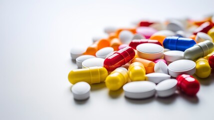 Colorful pills on a white background.