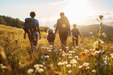 Group of people hiking in nature during sunset, highlighting the beauty of exploration and family bonding