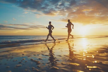 Fototapeta premium Active couple running along the beach shoreline during a beautiful sunset, illustrating fitness and companionship