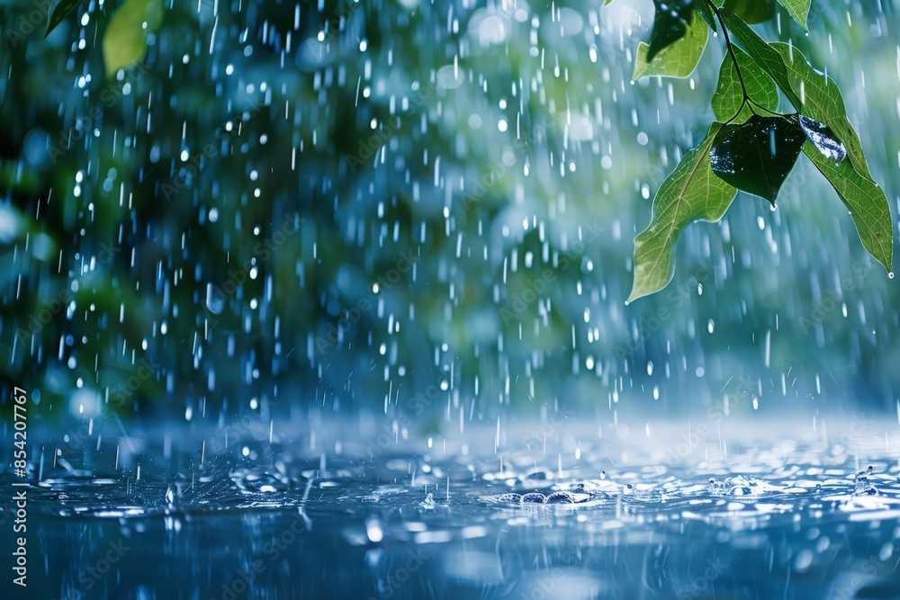 Poster this image captures the serene moment of rain creating ripples as it hits the water surface, with gr