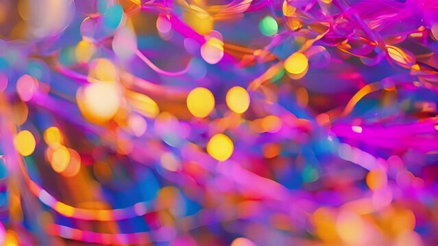 A sea of multicolored wires tangle together at a blur of a tech trade show.