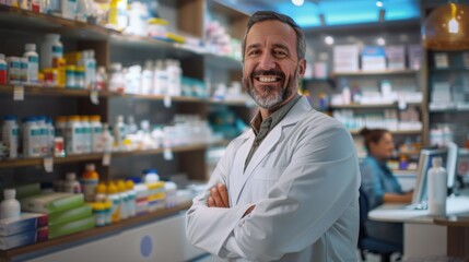 Fototapeta premium A smiling mature male pharmacist stands in a pharmacy. An artificial intelligence generated image.