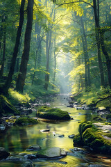 Fototapeta premium Tranquil Forest River with Sunlit Foliage and Submerged Rocks in a Serene Natural Setting