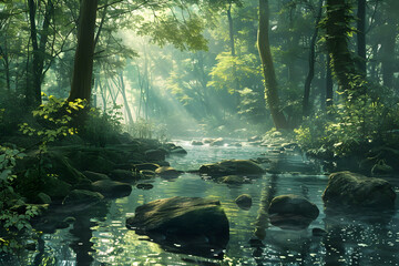 Tranquil Forest River with Sunlit Foliage and Submerged Rocks in a Serene Natural Setting