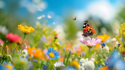 Obraz premium Irresistible meadow with soft colors and a butterfly against a dark sky background. Stock artificial intelligence.