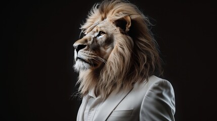 This is a stock AI image of a lion in a suit on a black background.