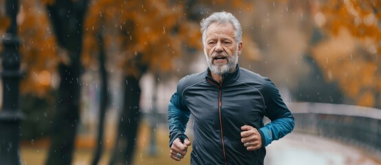 Obraz premium Sport and healthy lifestyle concept. Portrait of a smiling senior man in sportswear standing in a park. Stock artificial intelligence.