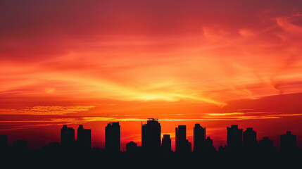 Urban skyline silhouetted against a fiery sunset sky with photorealism, copy space, minimalism