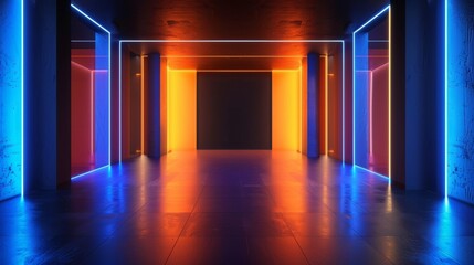 An empty room rendered in 3D with neon lights and shadows on the wall. An example of stock AI.