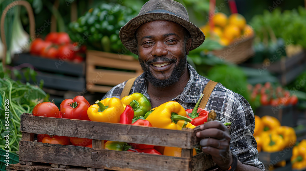 Wall mural Farmer picking fresh vegetables his hothouse. Attractive male working greenhouse. Agriculture harvest