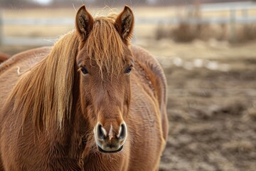 Obraz premium A chestnut horse with a soft gaze standing in a field with a blurred background