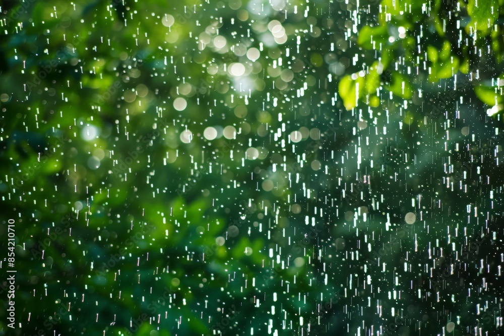 Poster rain droplets adorn a window pane with a blurred green background suggesting a rainy day