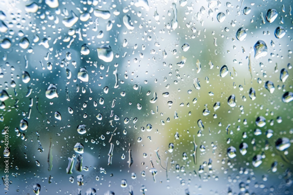 Poster macro photography of multiple raindrops on a glass window against a sky, depicting the detailed text