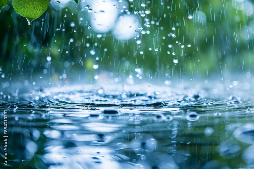 Poster Crisp image of rain creating dynamic ripples in a puddle, reflecting the peaceful ambiance of a rainy day