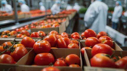 Ripe tomatoes packed cardboard boxes processing facility, captures red tomatoes of boxes