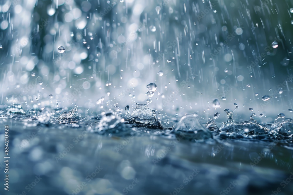 Aufkleber Fresh raindrops falling and splashing on a water surface, creating dynamic and intricate patterns and ripples